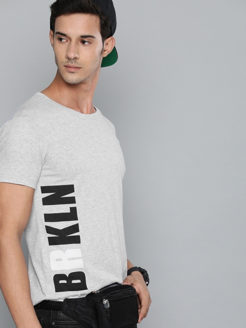 

HERENOW Men Grey Melange Printed Round Neck Pure Cotton T-shirt