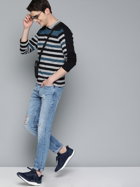 

HERE&NOW Men Black & Grey Melange Striped Polo Collar T-shirt
