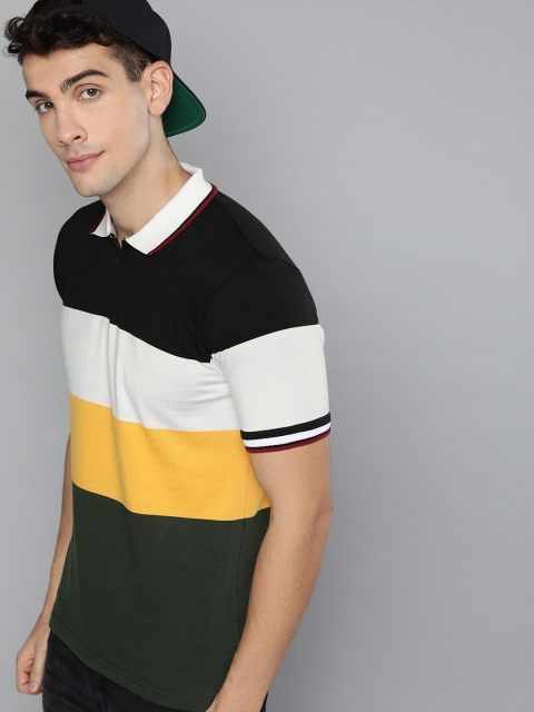 

HERE&NOW Men Black & White Colourblocked Polo Collar T-shirt