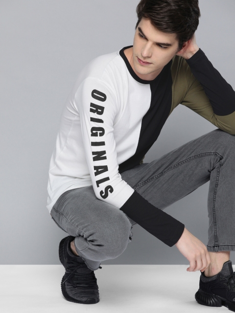 

HERE&NOW Men Olive Green & Black Colourblocked Round Neck T-shirt
