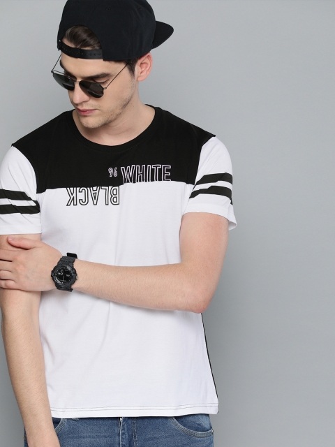 

HERE&NOW Men White & Black Colourblocked Round Neck T-shirt