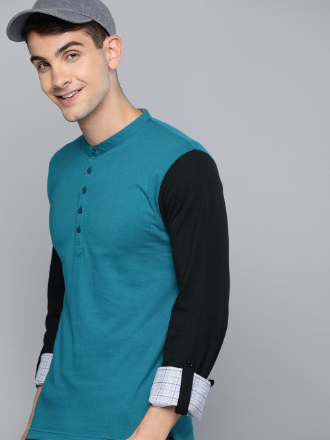 

HERE&NOW Men Teal Blue Solid Henley Neck T-shirt