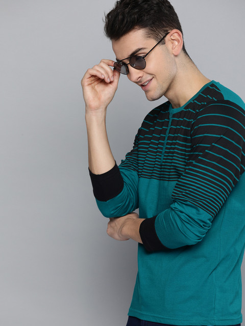 

HERE&NOW Men Teal Blue & Black Striped Henley Neck T-shirt