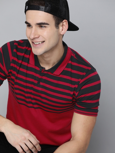 

HERE&NOW Men Maroon & Black Striped Polo Collar T-shirt