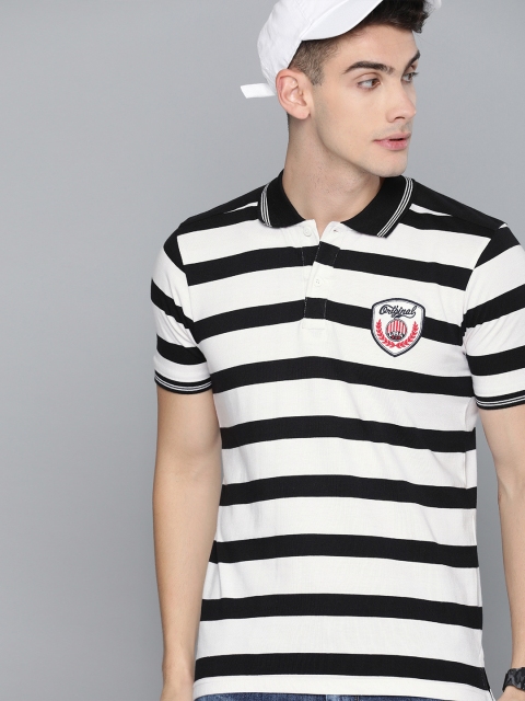 

HERE&NOW Men Black & White Striped Polo Collar T-shirt