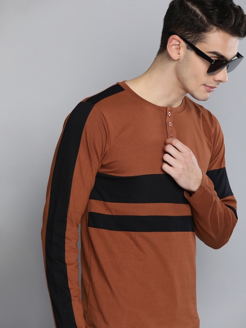 

HERENOW Men Rust Brown Black Striped Henley Neck Pure Cotton T-shirt