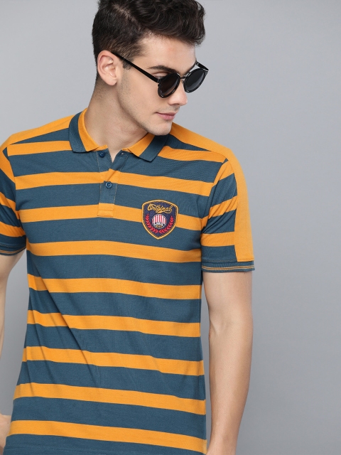 

HERE&NOW Men Mustard Yellow & Teal Blue Striped Polo Collar T-shirt