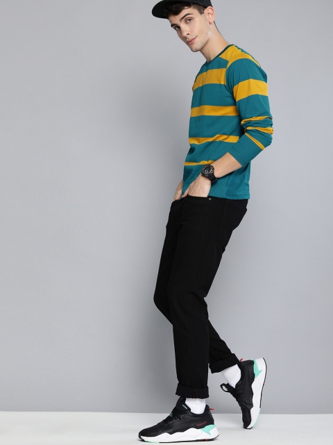 

HERE&NOW Men Blue & Mustard Yellow Striped Round Neck T-shirt