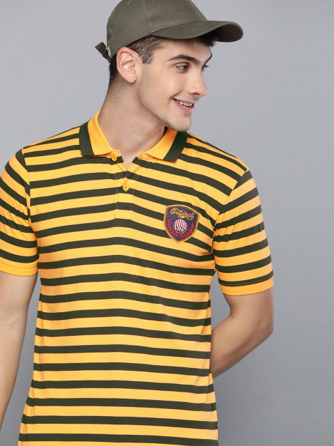 

HERE&NOW Men Yellow & Olive Green Striped Polo Collar T-shirt