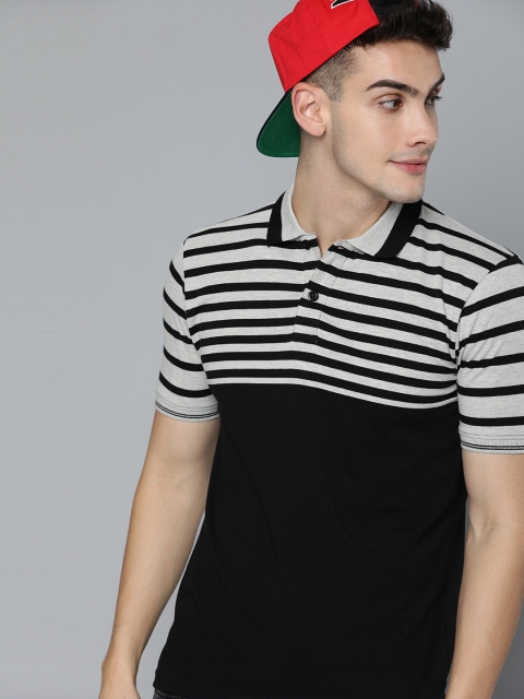 

HERE&NOW Men Black & Grey Striped Polo Collar T-shirt