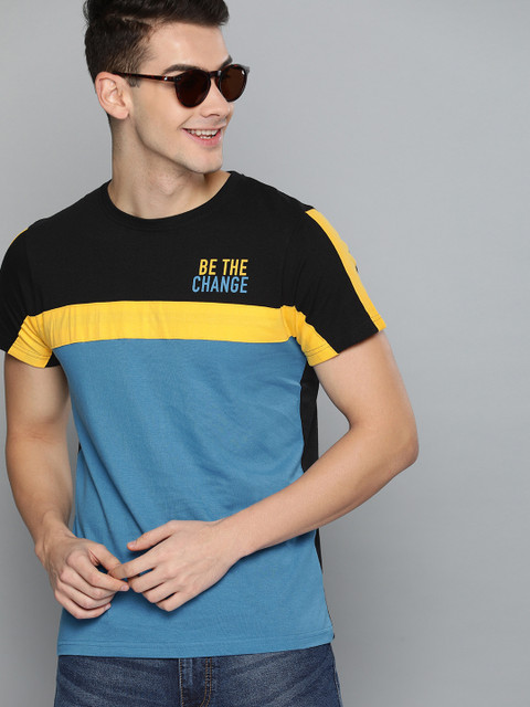 

HERE&NOW Men Blue & Black Colourblocked Round Neck T-shirt