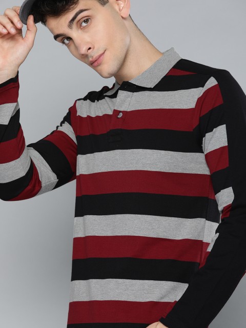 

HERE&NOW Men Maroon & Grey Striped Polo Collar T-shirt