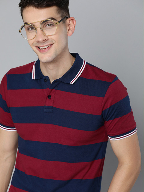 

HERE&NOW Men Maroon & Navy Blue Striped Polo Collar T-shirt