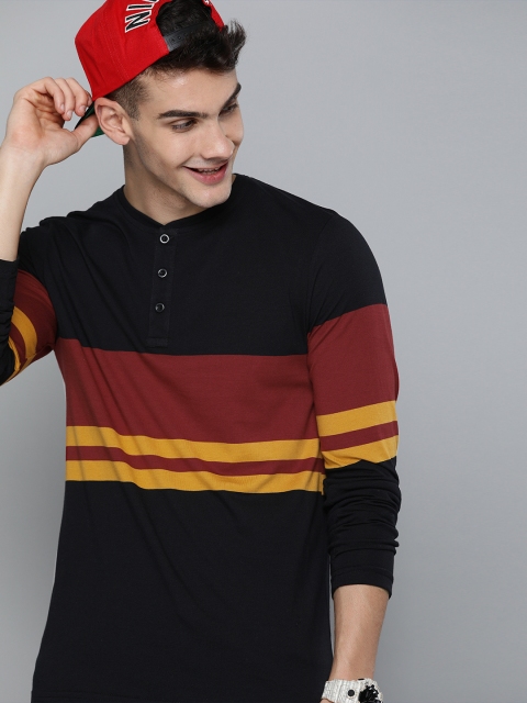 

HERE&NOW Men Black & Maroon Striped Henley Neck T-shirt