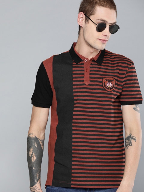 

HERE&NOW Men Rust Brown & Black Striped Polo Collar T-shirt