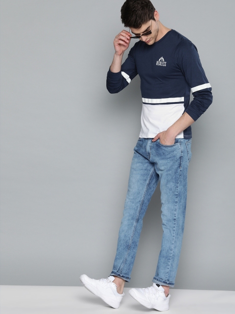

HERE&NOW Men Navy Blue & White Colourblocked Round Neck T-shirt