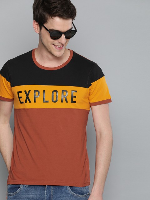 

HERENOW Men Rust Orange Black Colourblocked Round Neck Pure Cotton T-shirt
