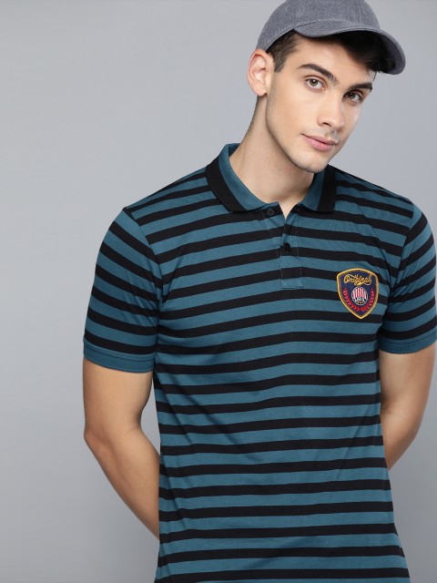 

HERE&NOW Men Teal Blue & Black Striped Polo Collar T-shirt
