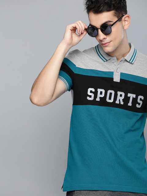 

HERE&NOW Men Teal Blue & Grey Colourblocked Polo Collar T-shirt