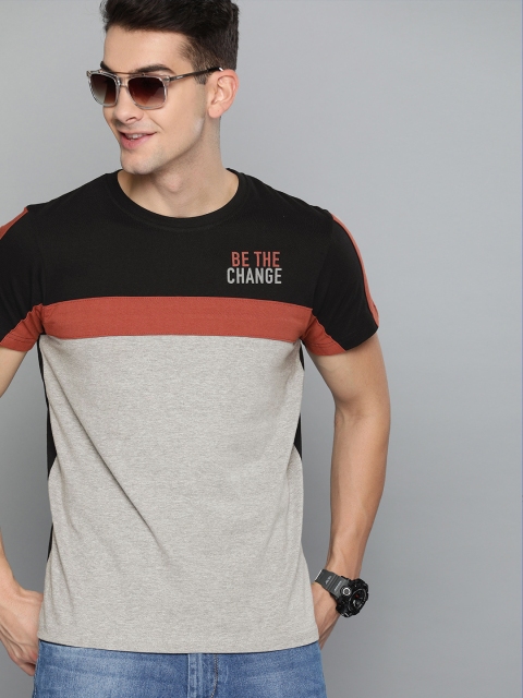 

HERE&NOW Men Grey & Black Colourblocked Round Neck T-shirt