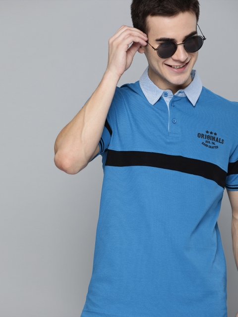 

HERE&NOW Men Blue & Black Striped Polo Collar T-shirt