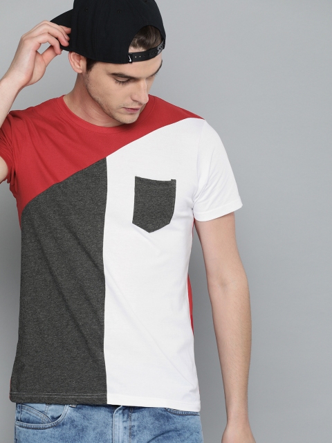 

HERE&NOW Men White & Grey Colourblocked Round Neck T-shirt