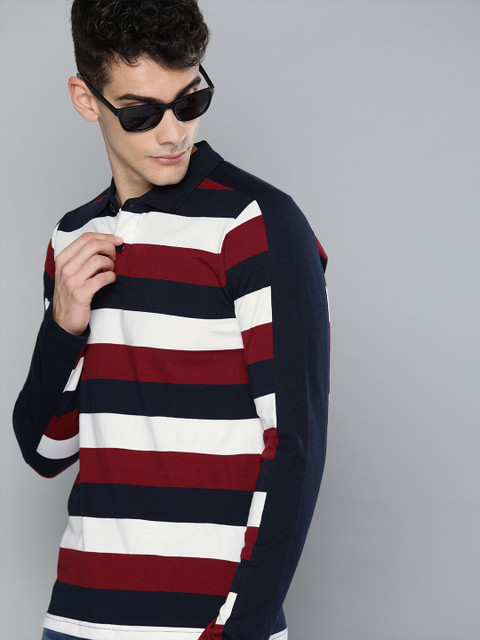 

HERE&NOW Men Maroon & White Striped Polo Collar T-shirt
