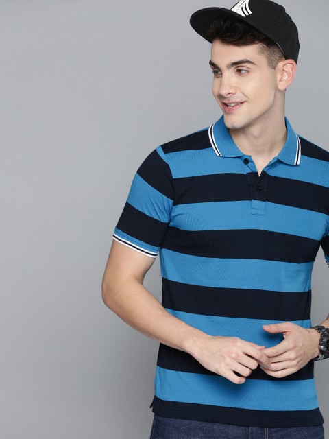 

HERE&NOW Men Navy Blue Striped Polo Collar T-shirt