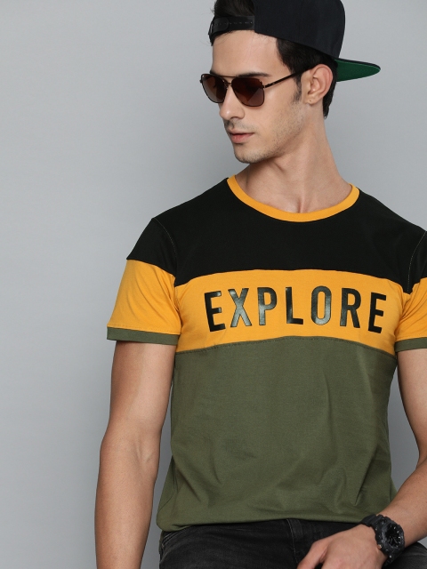 

HERE&NOW Men Olive Green & Mustard Yellow Colourblocked Round Neck T-shirt