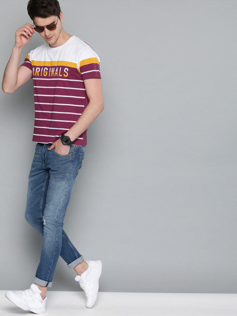 

HERE&NOW Men Purple & White Striped Round Neck T-shirt