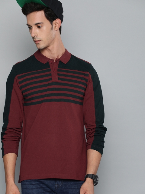 

HERE&NOW Men Maroon & Black Striped Polo Collar T-shirt