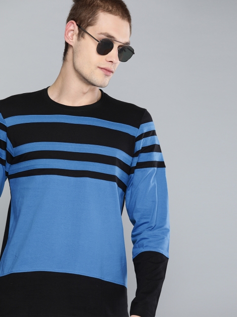

HERE&NOW Men Blue & Black Striped Round Neck T-shirt