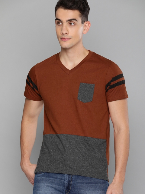 

HERE&NOW Men Rust Orange & Charcoal Grey Colourblocked V-Neck T-shirt