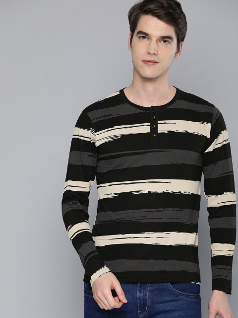 

HERE&NOW Men Charcoal Grey & Off-White Striped Henley Neck T-shirt