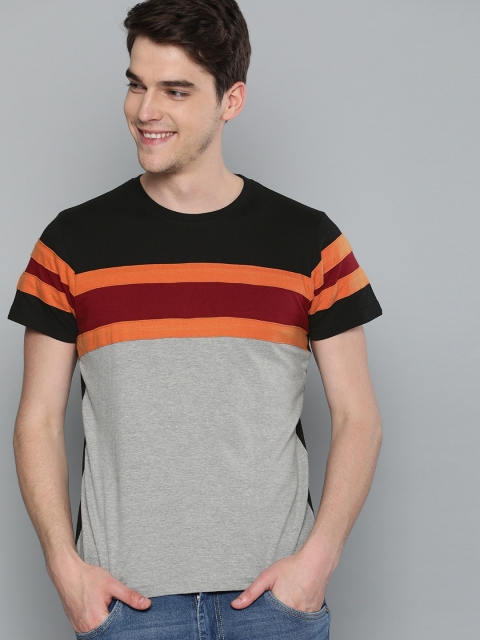

HERE&NOW Men Grey Melange & Black Striped Round Neck T-shirt