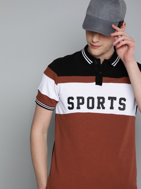 

HERE&NOW Men Brown & Black Colourblocked Polo Collar T-shirt With Printed Detailing