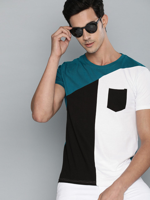 

HERE&NOW Men White & Black Colourblocked Round Neck T-shirt