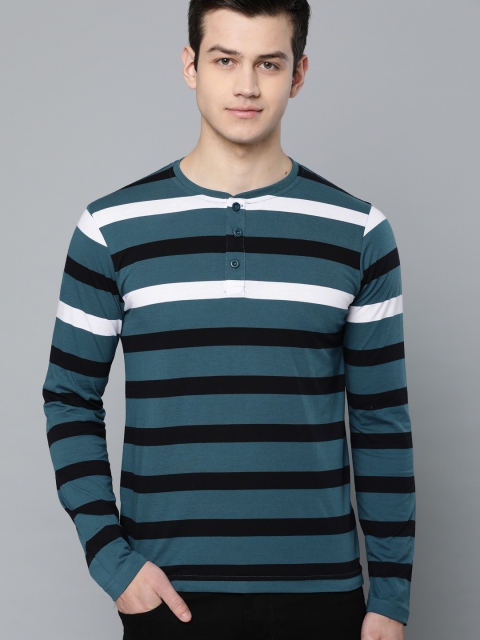 

HERE&NOW Men Teal Blue & Black Striped Henley Neck T-shirt