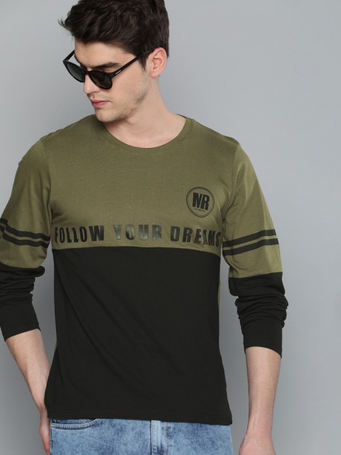 

HERE&NOW Men Olive Green & Black Colourblocked Round Neck T-shirt
