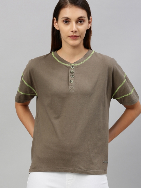 

Roadster Women Olive Green Solid Henley Neck T-shirt With Striped Sleeves