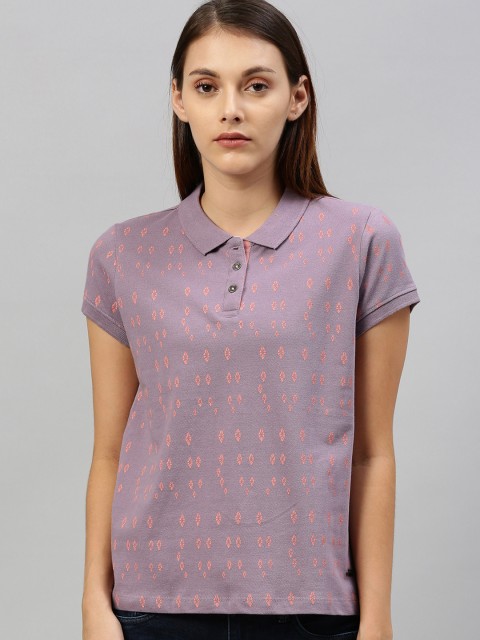 

Roadster Women Mauve Self Design Polo Collar T-shirt
