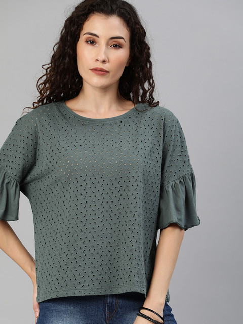 

Roadster Women Grey Self Design Bell Sleeved Schiffli Top