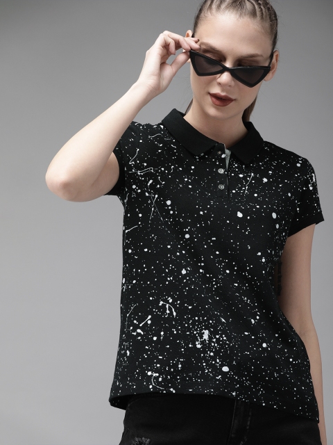 

The Roadster Lifestyle Co Women Black White Printed Polo Collar Pure Cotton T-shirt