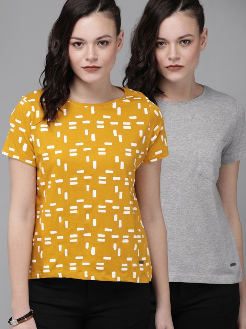 

Roadster Women Mustard Yellow & Grey Pack Of 2 Printed Round Neck T-shirt