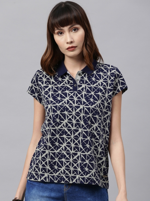 

Roadster Women Navy Blue & Grey Printed Polo Collar T-shirt