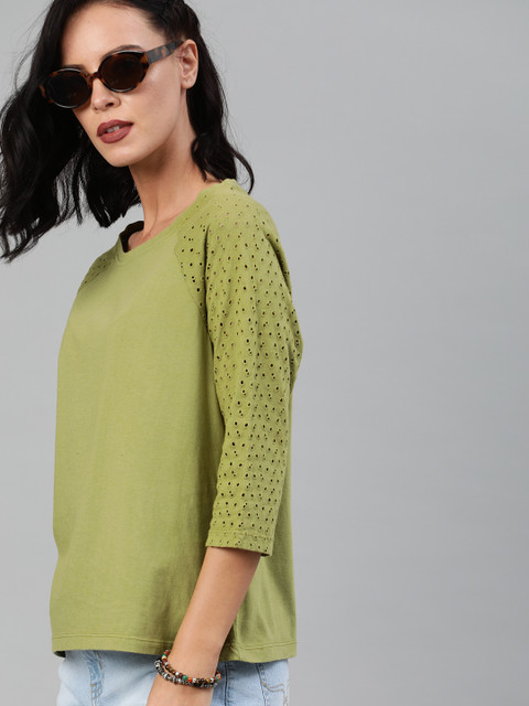 

Roadster Women Green Solid Round Neck T-shirt With Schiffli Sleeves
