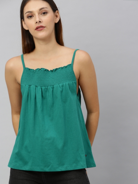 

Roadster Women Teal Green Solid Smocked A-Line Top