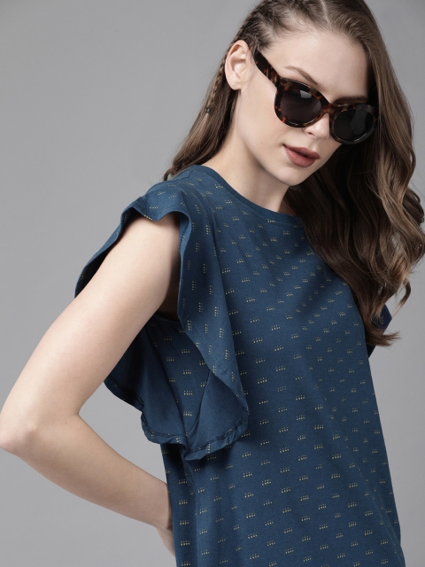 

Roadster Women Navy Blue & Beige Printed Top With Ruffles