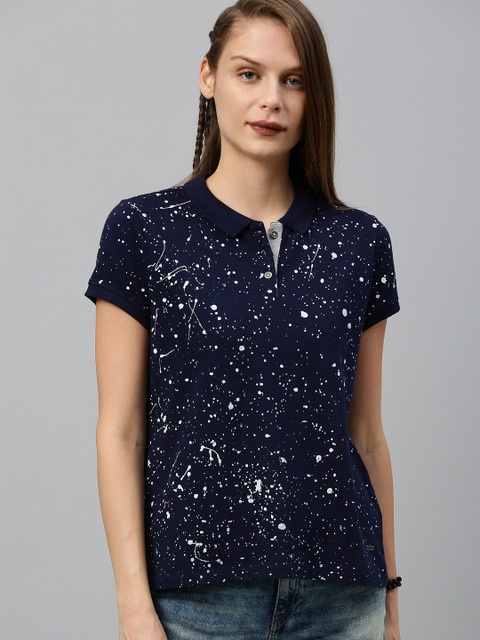 

Roadster Women Navy Blue & white Printed Polo Collar T-shirt