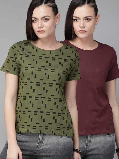 

Roadster Women Pack Of 2 Round Neck T-shirt, Olive